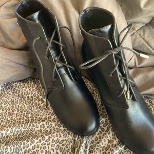 Black leather wedge booties